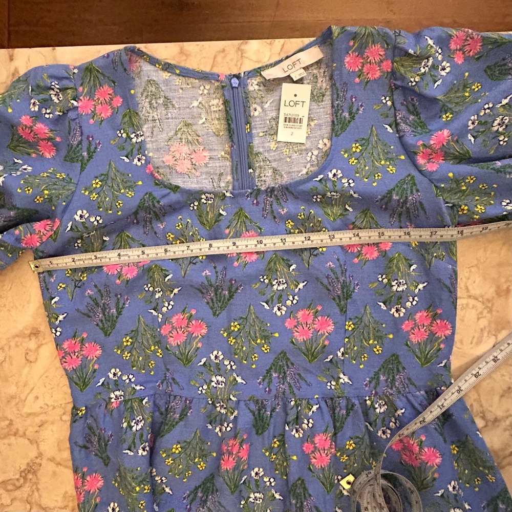 NWT LOFT Size 2 Floral Babydoll Dress Puff Sleeve Blue Linen Cottagecore - Picture 5 of 12